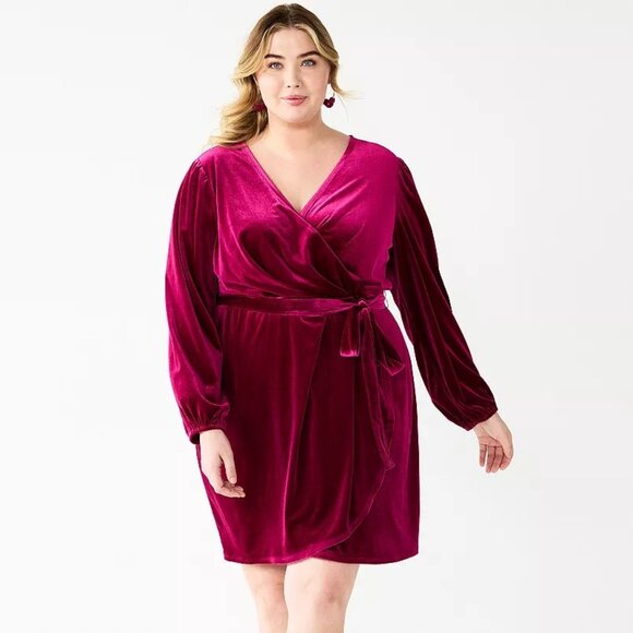 NWT Womens Plus Size 2X Nine West Fuchsia Pink Long Sleeve Velvet Mini Dress NEW - Picture 1 of 3